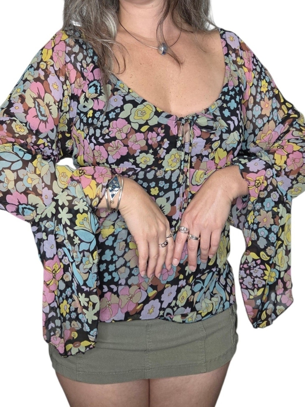 Y2K NWT Multi-colored Rainbow Floral Sheer Bell Sleeve Fairy Blouse Size Medium